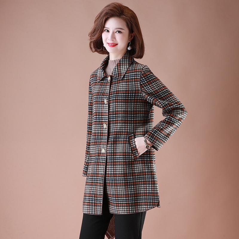 Mother's Autumn And Winter Clothes,Mid-length Woolen Coat,Stylish Plaid Lapel Top,Middle-aged Women's Clothing