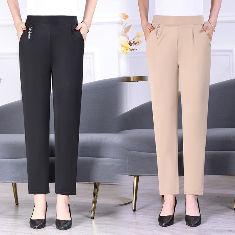 Middle-aged And Elderly Women's Pants Spring And Summer Solid Color Nine-point Matching Pants50-year-old Mother Pants Elastic Waist High Waist Straight Pants Thin Style
