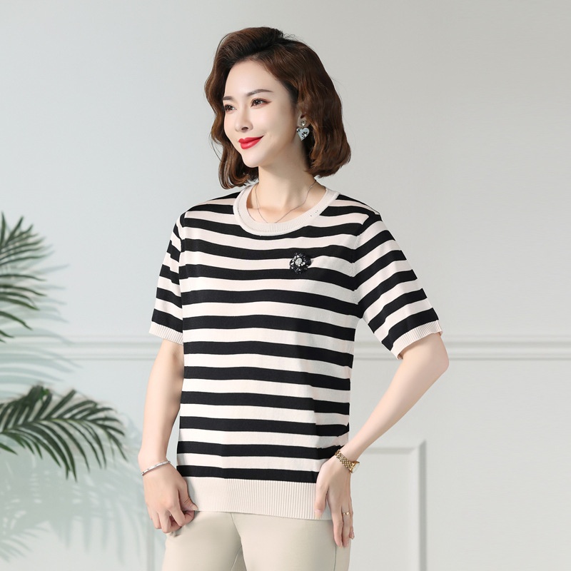 Summer Mother's Ice Silk Knitted Blouse Short Sleeve Middle-aged And Elderly Women's Fashionable Striped Thin T-shirt Top