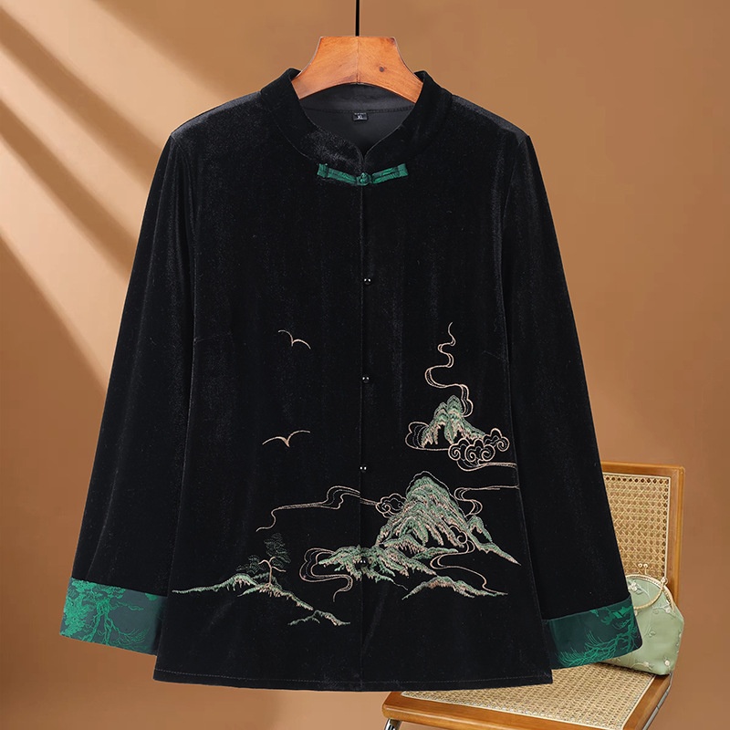 Pretty Wife Spring Style Gold Velvet Short Jacket Women's Long-sleeved Tops Chinese Style Buttoned Mother's Tops