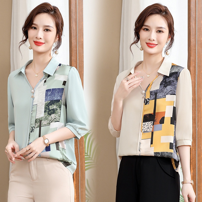 Young Mother Summer Thin Three-quarter Sleeve Contrast Color Small Shirt Middle-aged And Elderly Women's Spring And Summer Temperament Shirt Tops Women