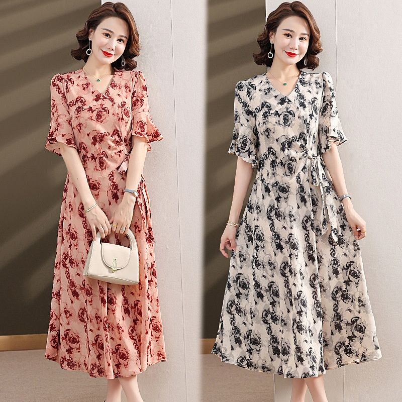 Summer Fashion Mother French Dress Thin Middle-aged And Elderly Elegant Medium-length Chiffon Dress Mixed Batch