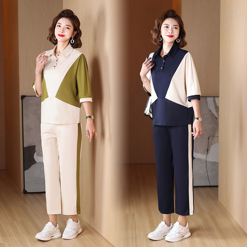 Young Mother's Two-piece Suit Summer Top Lapel Temperament Large Size Middle-aged And Elderly Women's Casual Suit