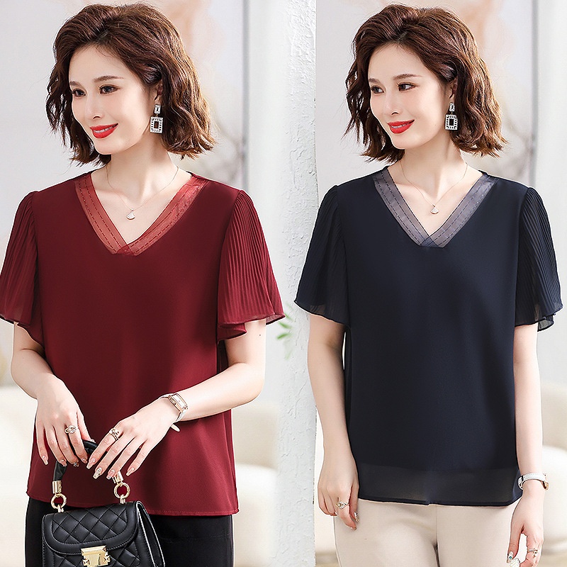 Summer Mother's Clothes,Slimming And Belly-covering Temperament Lady Tops For Middle-aged And Elderly Women,Solid Color Flying Sleeves T-shirt