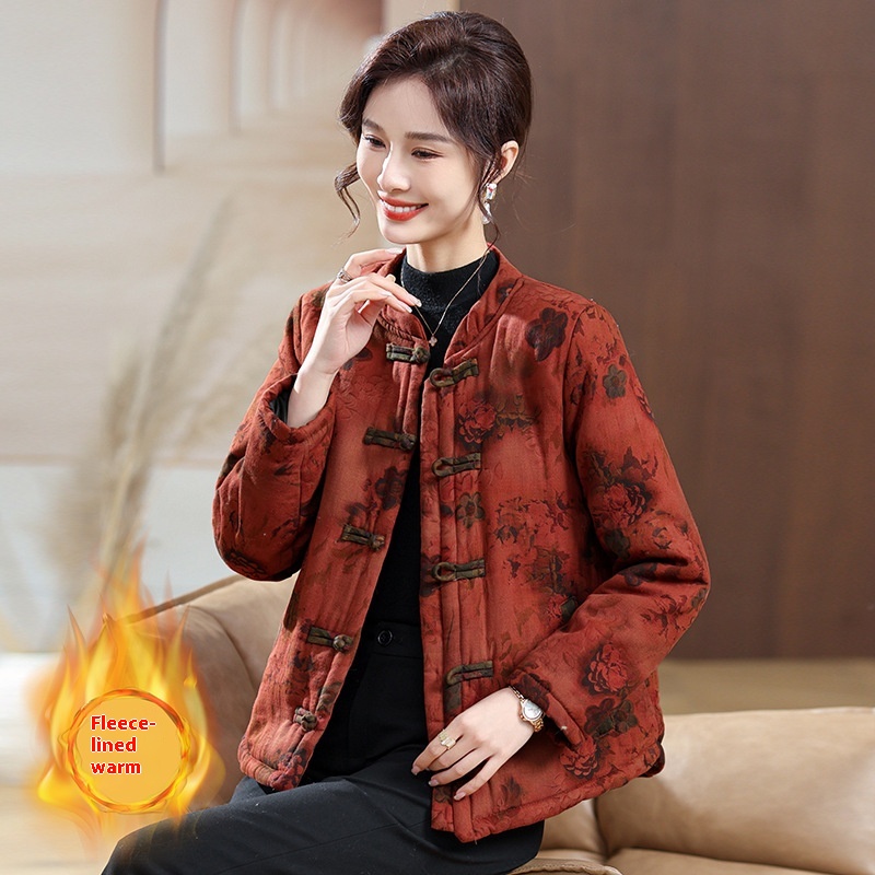 Middle-aged Mother Winter Buttoned Cotton Coat Coat Plus Velvet Thick Retro Top Short Warm Cotton Coat