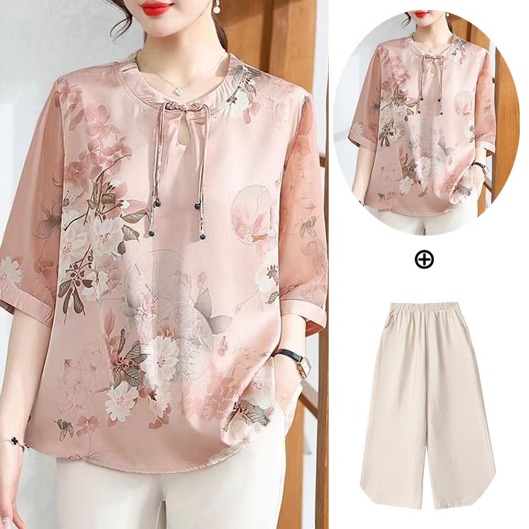 Mother's Summer Women's Thin Silk Short-sleeved Pullover Top Middle-aged And Elderly Fashion National Style Buttoned Shirt T-shirt