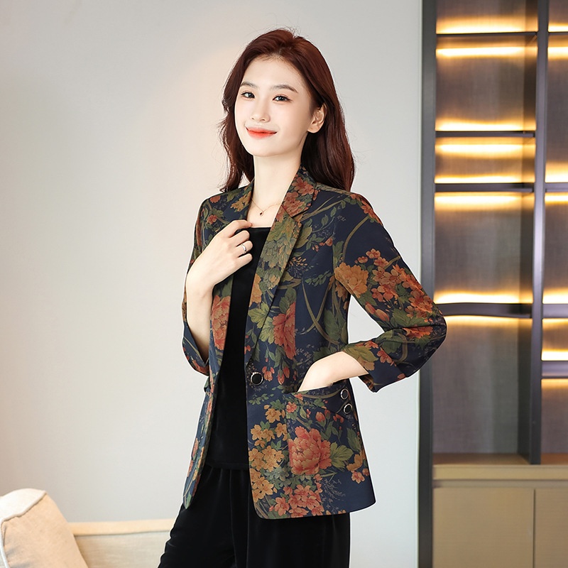 Mom's Autumn Outfit Stylish Printed Suit Jacket For Women Korean Style Small Suit Middle-aged And Elderly Commuter Style Jacket Top