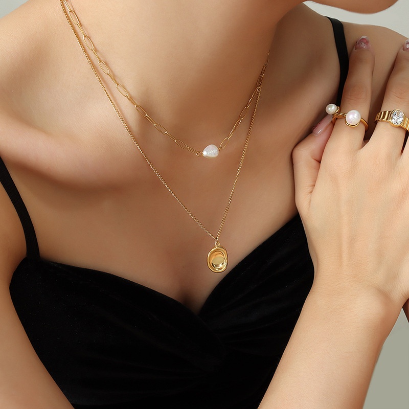 European And American Concave And Convex Pendant Double Layer Stacked Freshwater Pearl Necklace Female Niche Design Gold-plated Clavicle Necklace P831