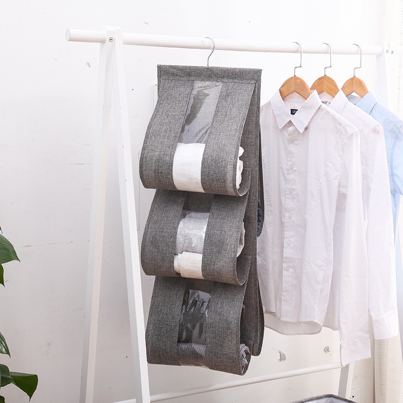 Hanging Wardrobe5 Compartment Bag Storage Hanging Bag Multifunctional Window-transparent Linen Stainless Steel Hook Hanging Bag