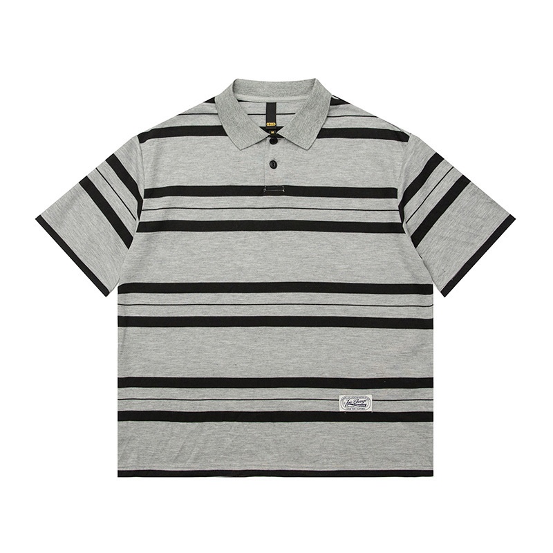 FORN3 Summer Black Striped Polo Collar Short-sleeved Japanese Retro290g Heavy Gray T-shirt Men