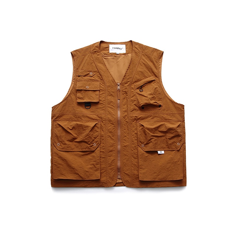 FORN3 Spring Solid Color Multi-Pocket Collarless Workwear Vest Japanese Retro Loose Sleeveless Top Men