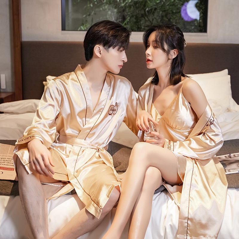Spring And Autumn Wedding Sexy Couple Nightgown Nightdress Ice Silklywed Red Wedding Men And Women Long-sleeved Bathrobe Silk