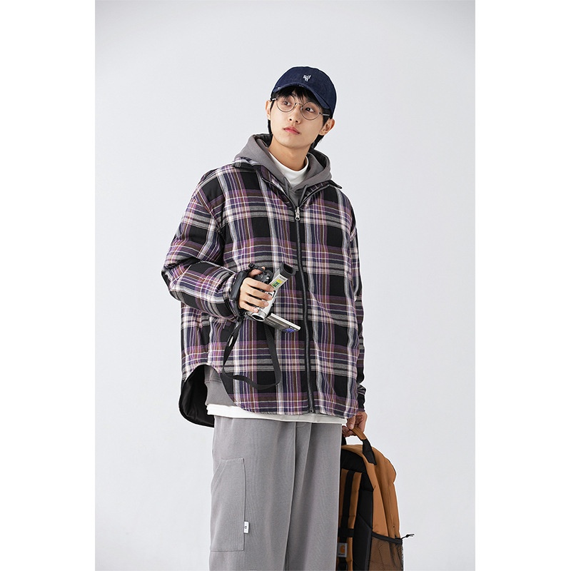 FORN3 Winter Striped Plaid Splicing Lapel Cotton Jacket Japanese Two-sided Wear Round Hem Cotton Jacket Men