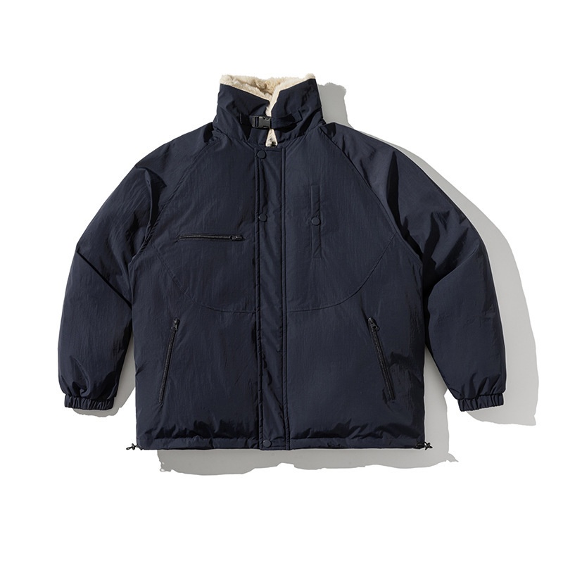 FORN3 Winter Solid Color Fur Collar Loose Cotton Jacket Japanese Retro Zipper Pocket Stand Collar Cotton Jacket Men