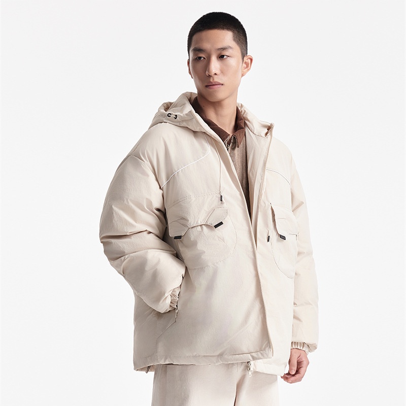 FORN3 Winter Solid Color Pocket Decoration Loose Cotton Jacket Japanese Retro Collection Bright Line Decoration Hooded Cotton Jacket