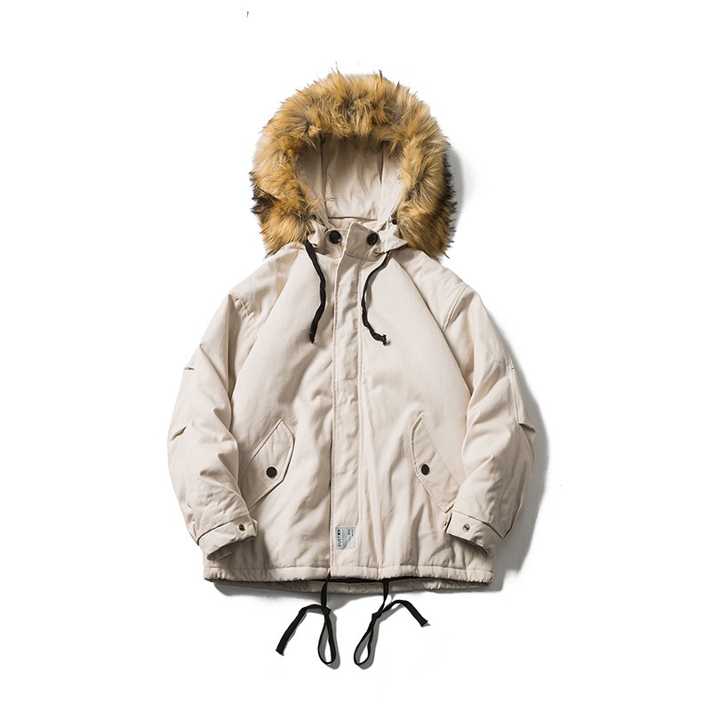 FORN3 Winter Large Pocket Drawstring Hooded Cotton Jacket Japanese Retro Fur Collar Loose Cotton Jacket Men