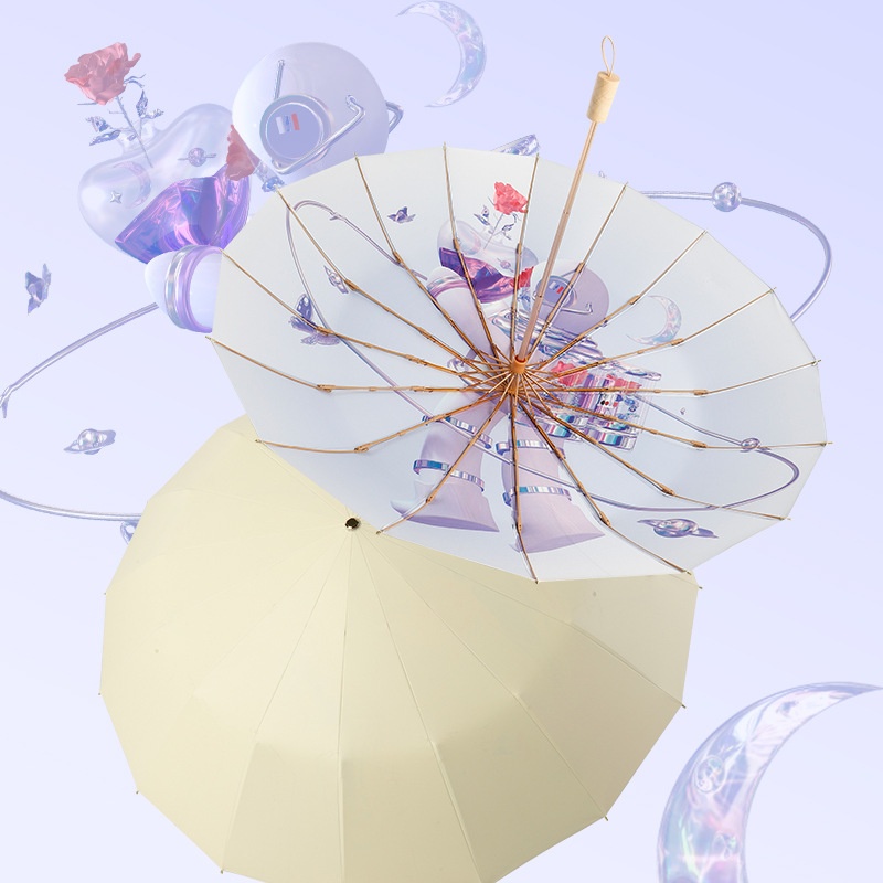 Three-fold16-bone Hand-opened Colored Plastic Umbrella Solid Wood Handle Parasol Sun Umbrella Can Be Shipped One Piece