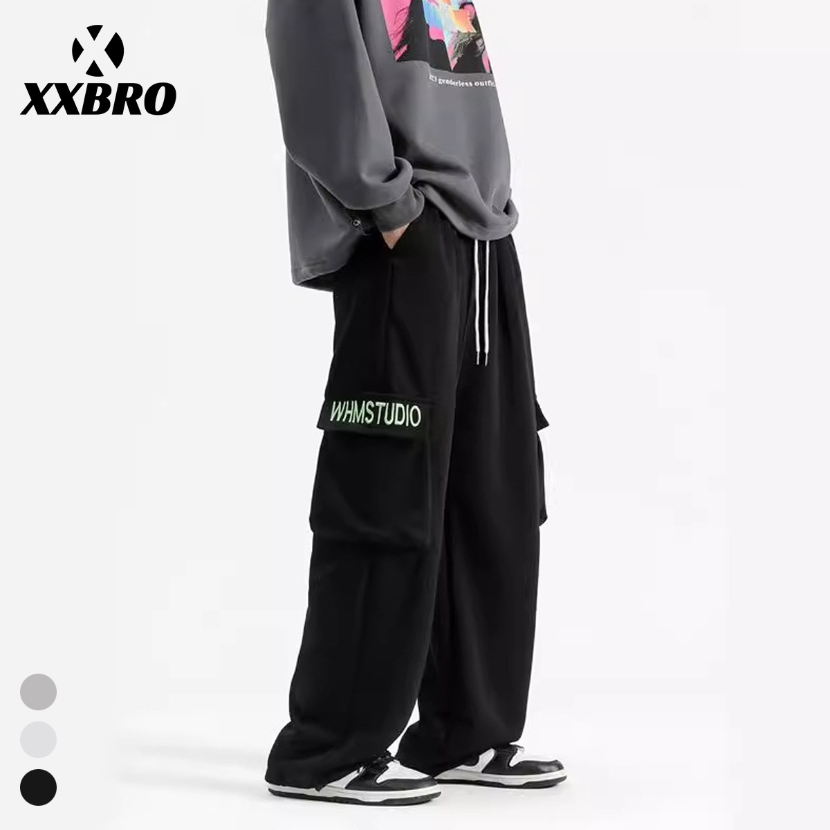 Xxbro Men's Wear#American High Street Letter Print Wide Leg Elastic Loose Straight Work Wear Casual Pants