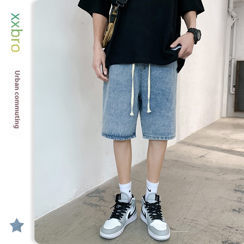 XXMen's Wear#Lightweight Denim Shorts Men's Summer Breathable Elastic Waist Light Color Loose Straight Five-point Mid-length Pants Men
