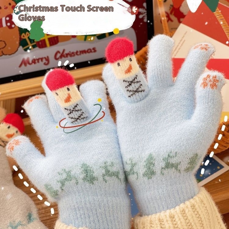 Winter Warm Gloves Plush Cartoon Cute Christmas Snowman Five-finger Gloves Touch Screen