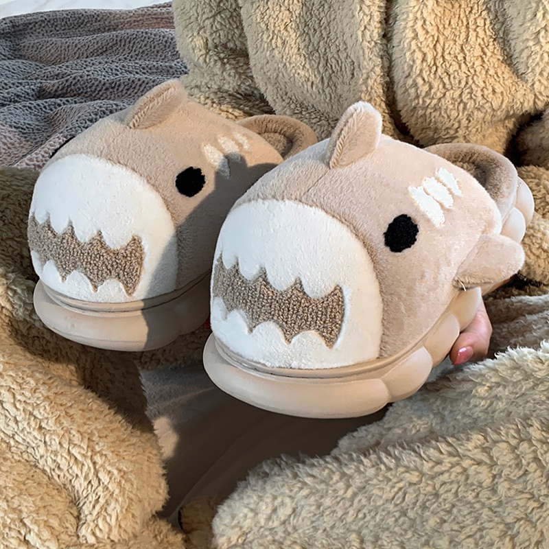 Cute Cartoon Shark Warm Plus Velvet Cotton Slippers For Women Autumn And Winter Thick Bottom Stepping Shit Feeling Couple Home Cotton Shoes