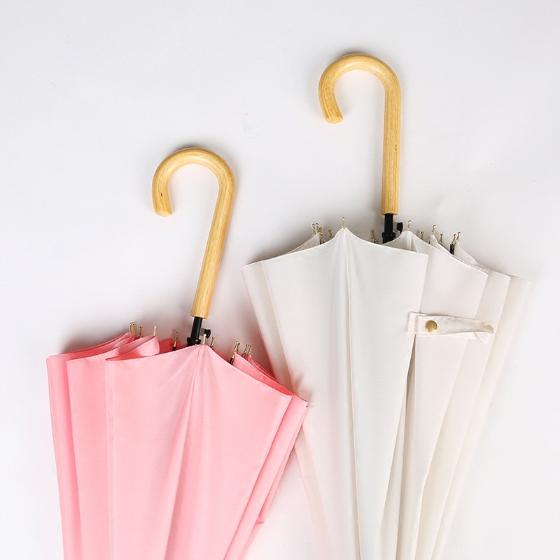 Japanese And Korean Small Fresh16 Bone Fiber Straight Umbrella Wooden Handle Engraved Long Handle Rain Plus Printed Advertising Umbrella