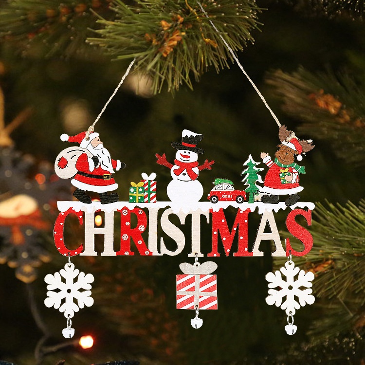 Pinjian Products Christmas Decorations Cartoon Letters Bells Wooden Pendants Christmas Tree Hanging Plaques