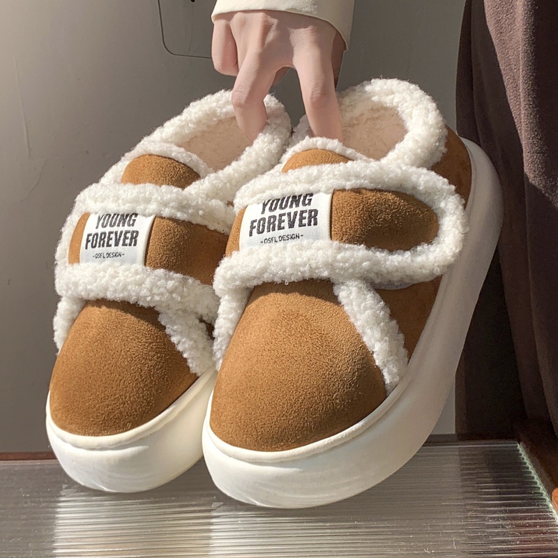 Retro Velcro Full Heel Cotton Shoes For Women Autumn And Winter Cotton Slippers For Indoor Home Non-slip Warm Plus Velvet Confinement Shoes