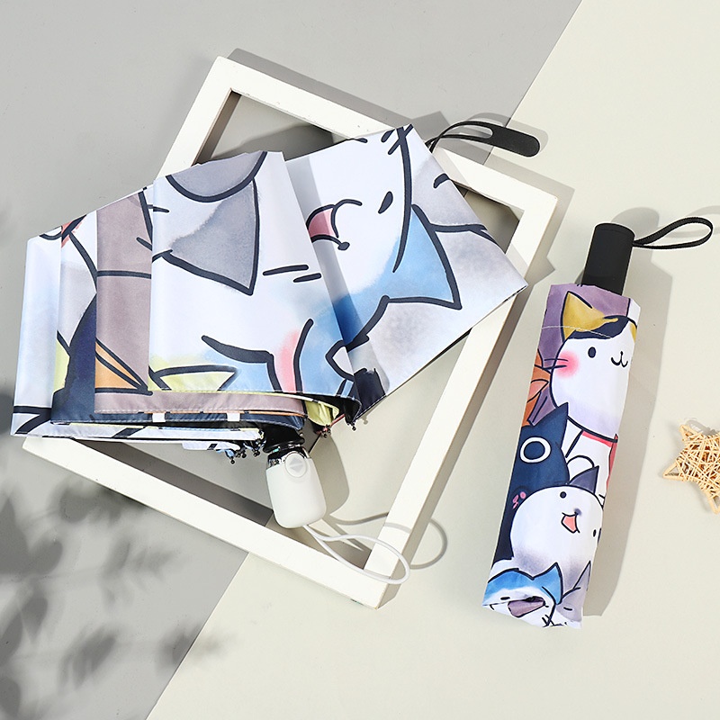 Digital Printing Cartoon Cat Style Three-fold Umbrella Hand-opened Sunny And Rainy Dual-use Folding Umbrella Can Be Printed With