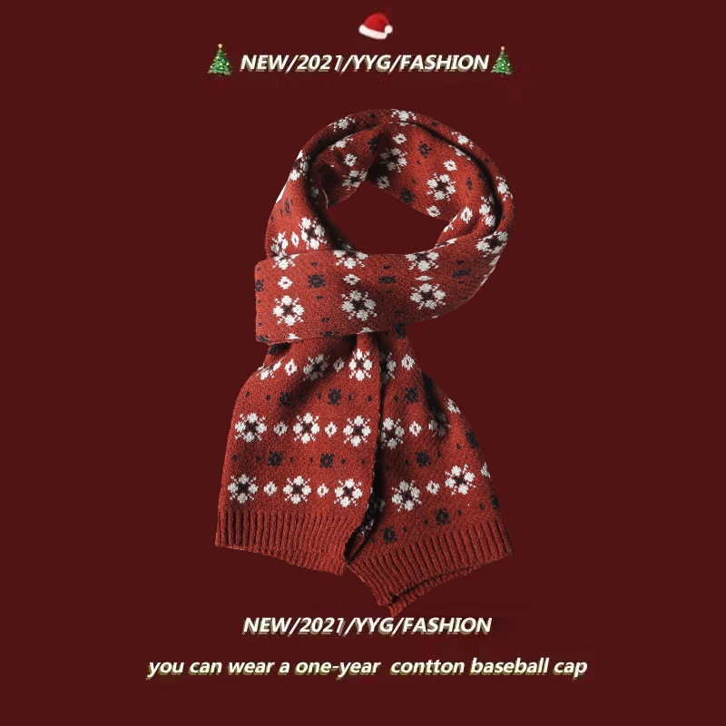 Small Flower Knitted Scarf Women's Winter Korean Style Internet Celebrity All-match Thickening Warm Christmas Knitted Red Scarf