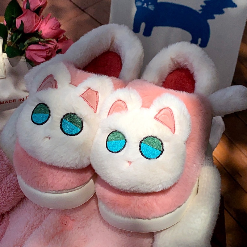 Douyin Hit Cute Cartoon Cat Cotton Slippers For Women Autumn And Winter Indoor Non-slip Thick Sole Poop-stepping Cotton Shoes