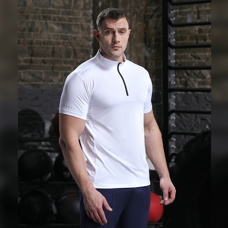 Summer Men's Sports Fitness Short-sleeved High Elastic Breathable Stand-up Collar Half-zip Tennis Quick-drying Clothing T-shirt Can Print Log