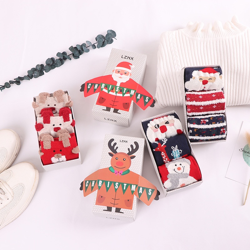 Christmas Socks Autumn And Winter Three Pairs Gift Box Red Santa Claus Elk Snowman Ladies Middle Tube Cotton Socks