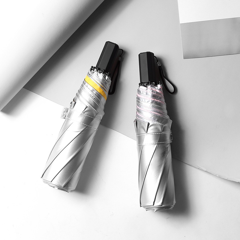 Titanium Silver Glue Three-fold Hand-open Umbrella Sun Protection Umbrella Small Fresh Pocket Sunny And Rainy Dual-use Black Glue Folding Umbrella