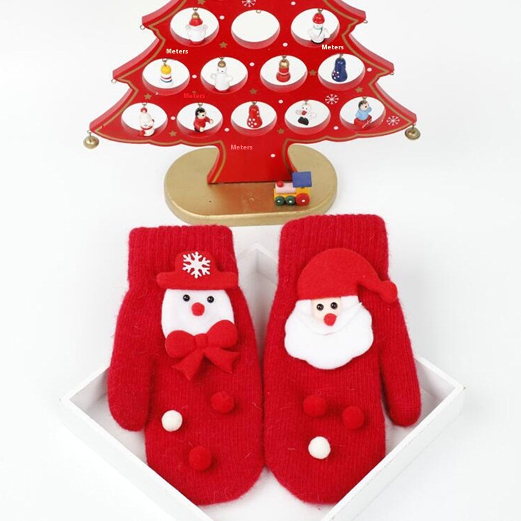 Happy Santa Claus Snowman Rabbit Fur Mittens Short Fur Double Layer Warm Winter Student Cycling Gloves For Women