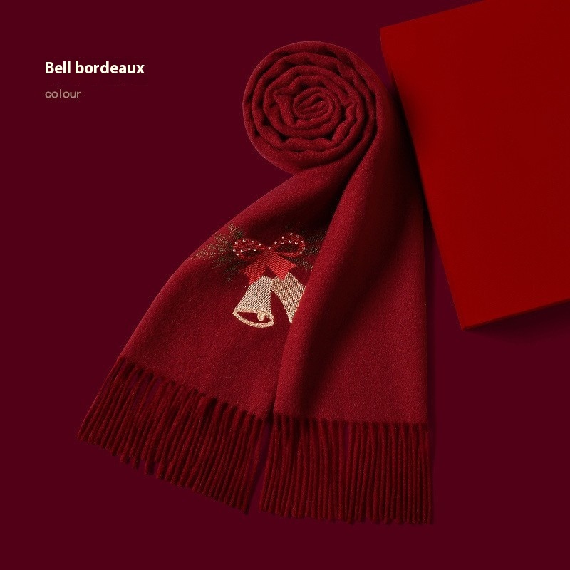 Christmas Atmosphere Bell Red Embroidery100%Wool Scarf