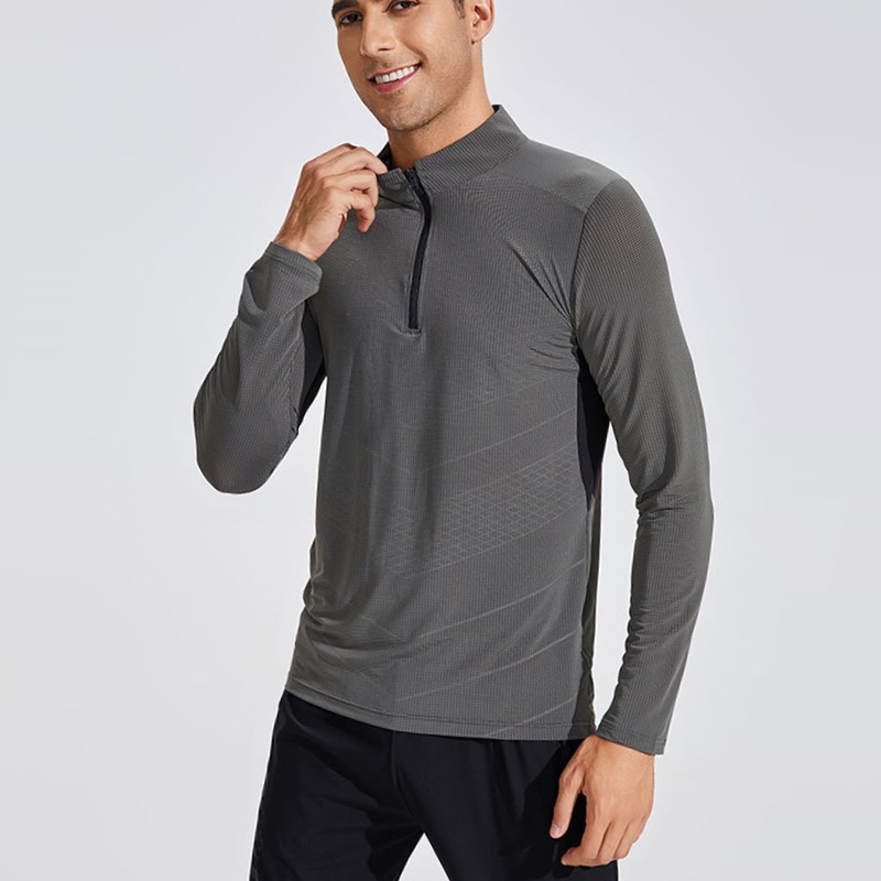 Spring And Autumn Men's Outdoor Sports Long Sleeve T-shirt Running Fitness Training Stand Collar Half Zipper Elastic Quick Drying Clothes A