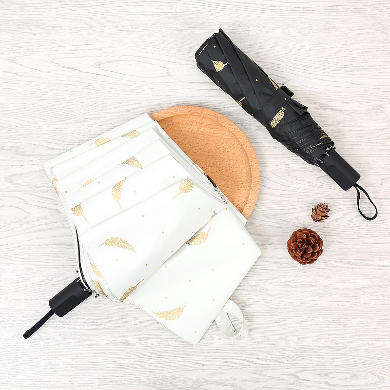 Small Fresh Feather Umbrella Tri-fold Black Plastic Umbrella Sun Protection Anti-ultraviolet Sun Umbrella Korean Female Personality Creative Parasol