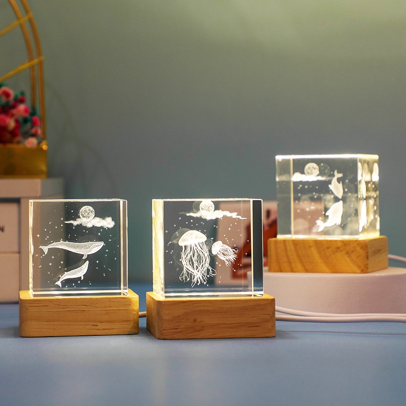Crystal Cube Carved Ornaments3 DDolphin Starfish Jellyfish Cube Crafts Night Light Ornaments
