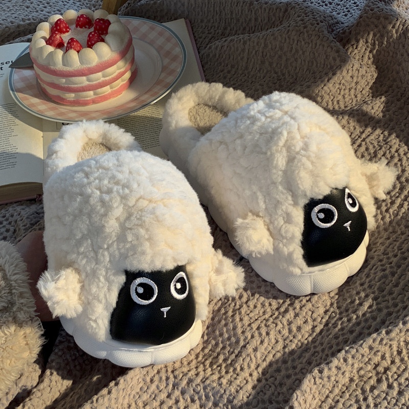 Style Cartoon Cute Little Sheep Cotton Slippers For Women Autumn And Winter Indoor Home Thick Bottom Stepping Shit Feeling Plush Cotton Slippers