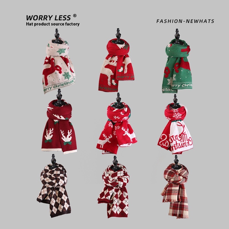 Christmas Scarf Houndstooth Knitted Wool Red Shawl Checkerboard Of The Scarf Versatile