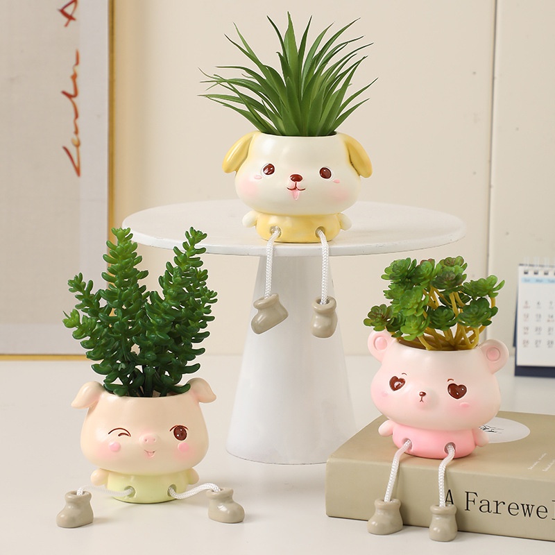 Cute Plant Potted Hanging Animal Ornaments Desktop Creative Green Plant Decoration Flower Pot Practical Resin Crafts