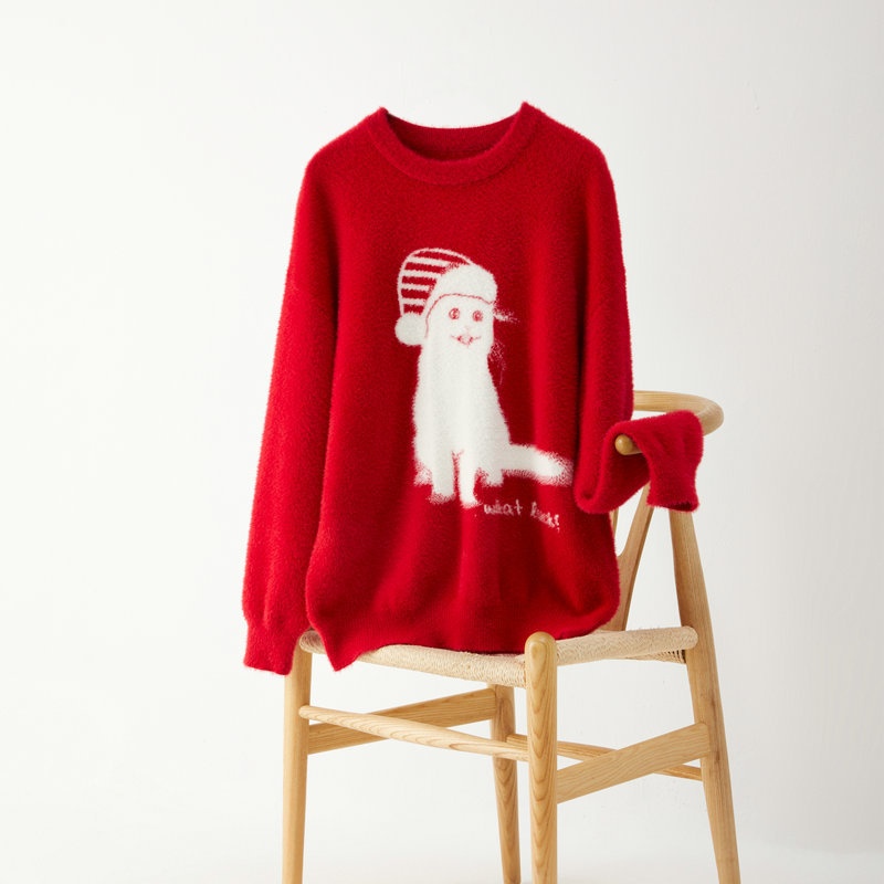 Red Sweater For Couples:Loose-Fit Faux Mink Fleece-Lined Thickened Knitwear For Warmth
