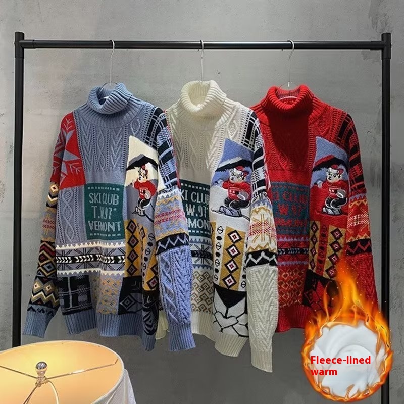 Christmas Sweater:Turtleneck Fleece-Lined Thickened Knitwear,Loose-Fit And Warm