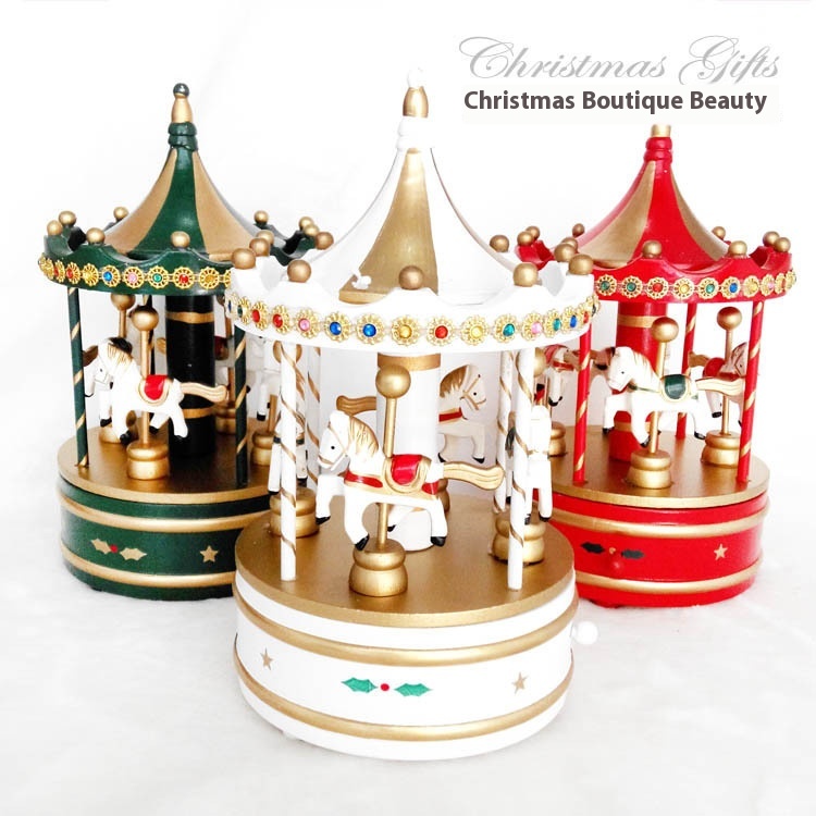Christmas Decorations Wooden Rocking Horse Music Box Carousel Holiday Desktop Decoration Ornaments