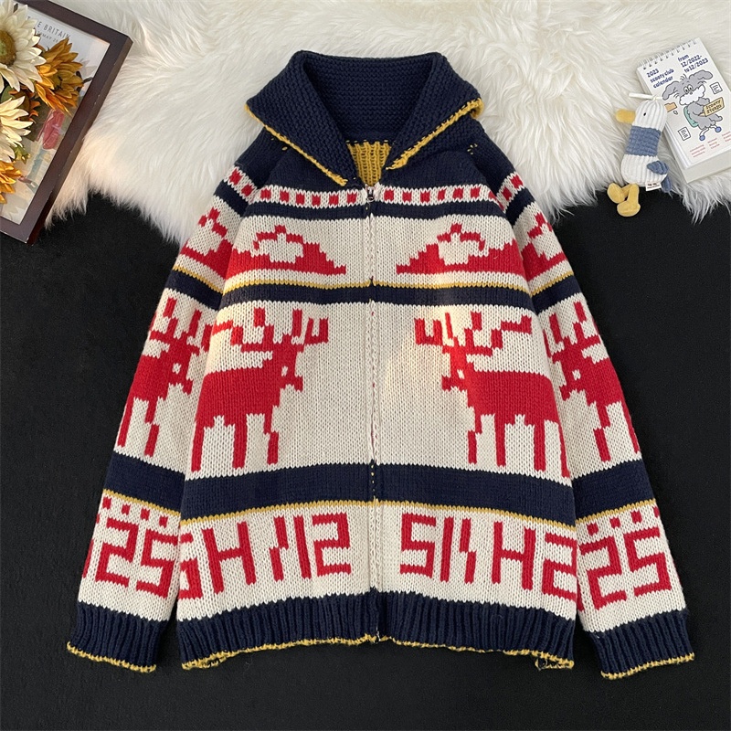 Christmas Reindeer Print Knit Cardigan:Heavy Craft Lapel Sweater Jacket