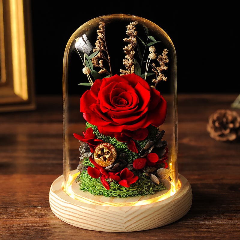 Creative Gift Corporate Christmas Valentine's Day Immortal Flower Glass Cover Rose Finished Ornaments Employee Welfare Souvenirs
