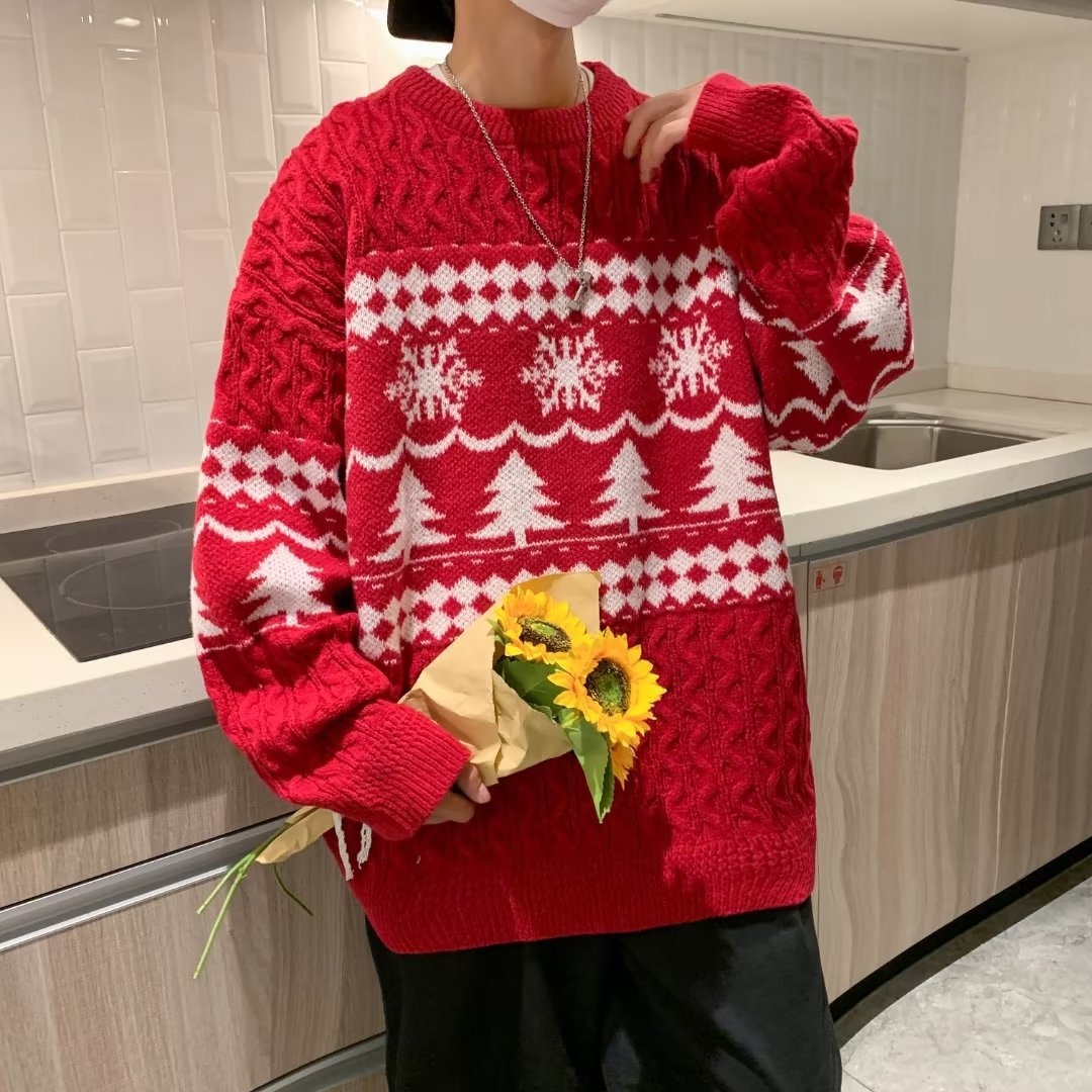 Japanese Retro Diamond Pattern Twist Christmas Red Sweater Men's Couple Winter Lazy Style Pullover Sweater Top