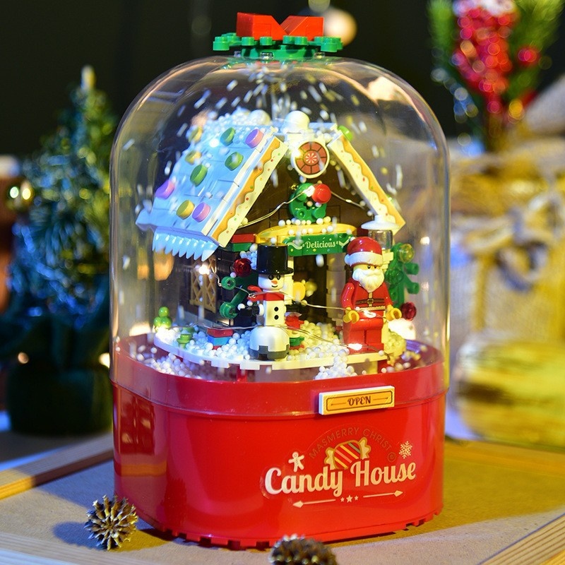 Christmas Building Blocks Candy House Music Box Light Snow Rotating Music Box Model Compatible With Lego Christmas Tree Gifts