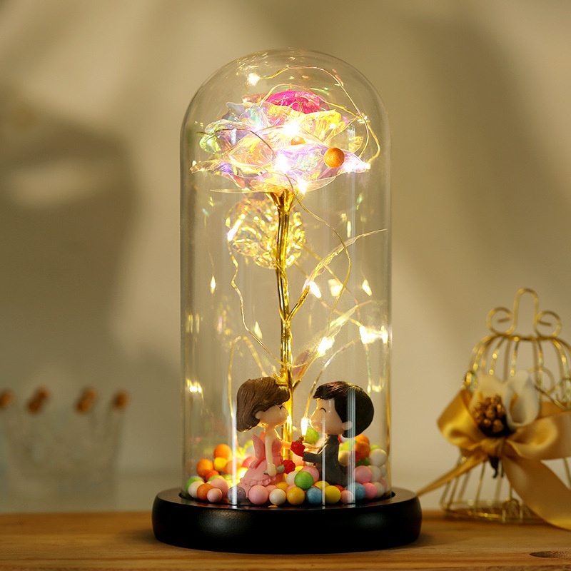 Colorful24k Gold Foil Flower Colorful Gold Imitation With Light Immortal Rose Glass Cover Gift Box Suit Christmas Gift